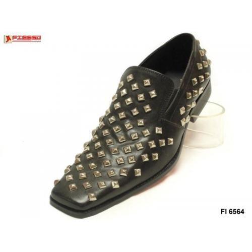 Fiesso Black Genuine Leather Loafer Shoes With Metal Studs FI6564